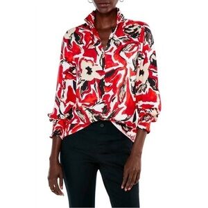 Nic + Zoe Petal Popover Smocked Red White Blouse Size Large NWT